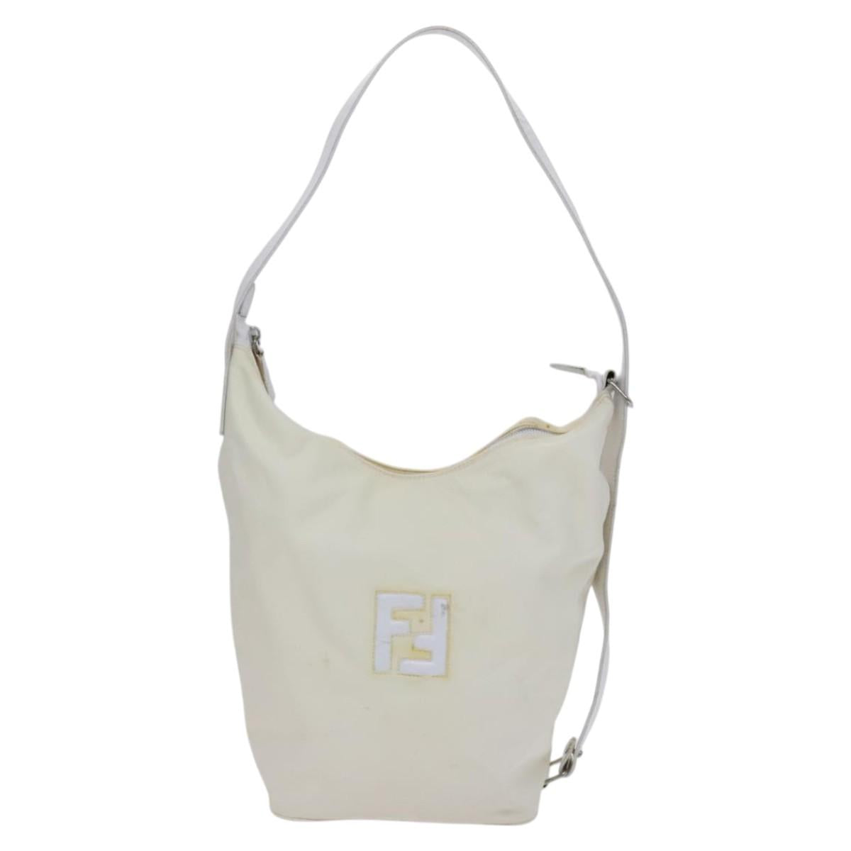 FENDI Shoulder Bag Nylon Leather Beige White Silver Auth nb296