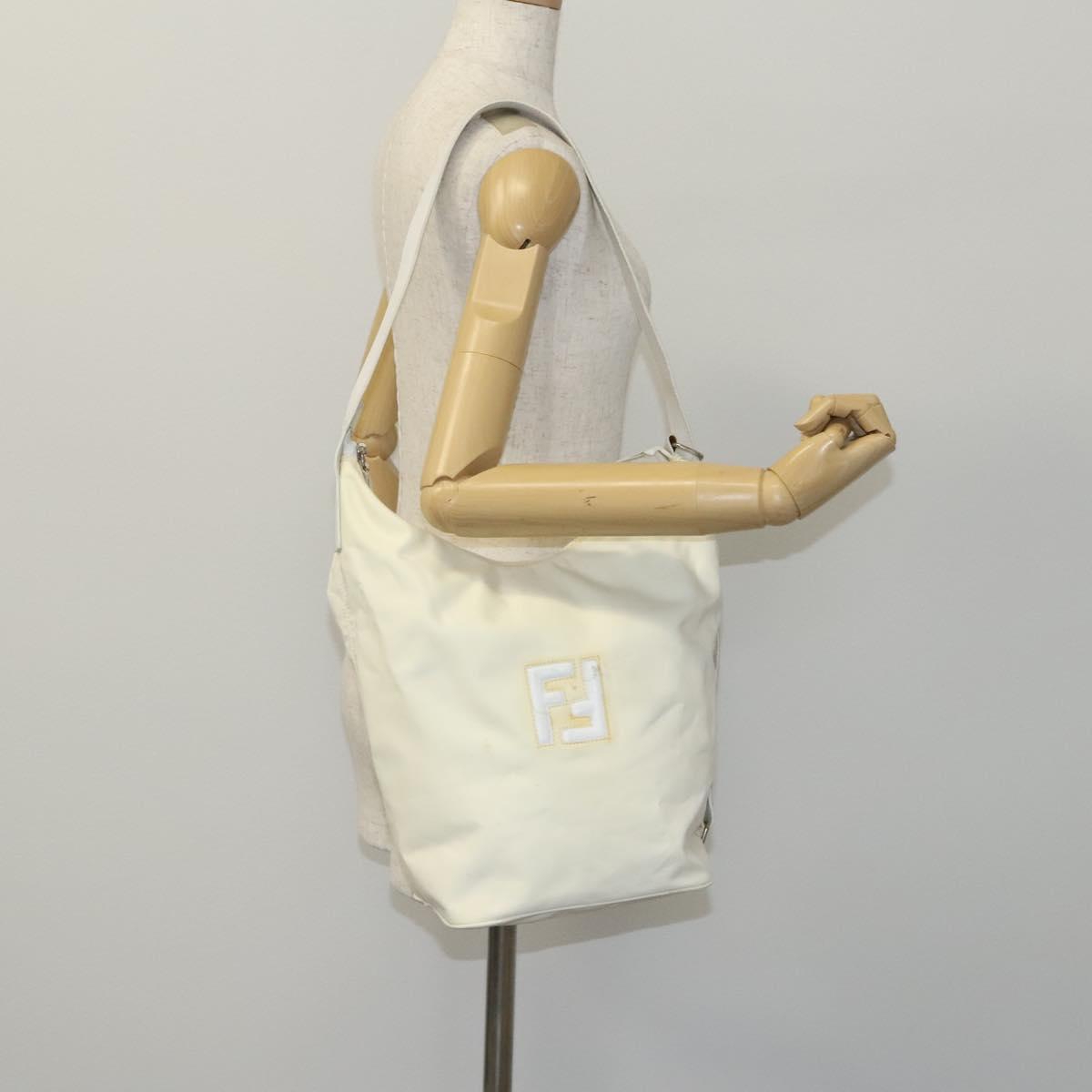 FENDI Shoulder Bag Nylon Leather Beige White Silver Auth nb296