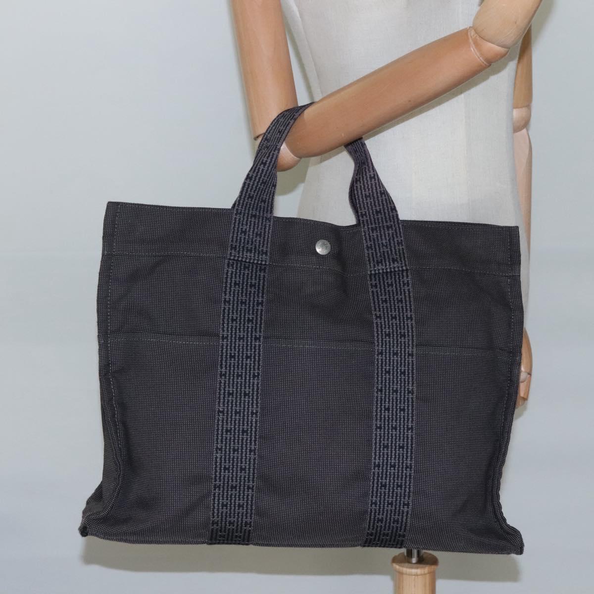 HERMES Her Line Her Line MM Hand Bag Canvas Black Silver Auth nb424