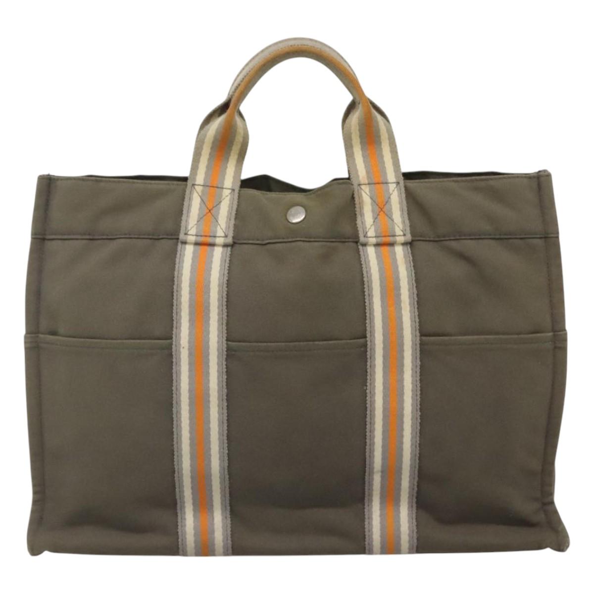HERMES Fourre Tout MM Hand Bag Canvas Khaki Orange Silver Auth nb457