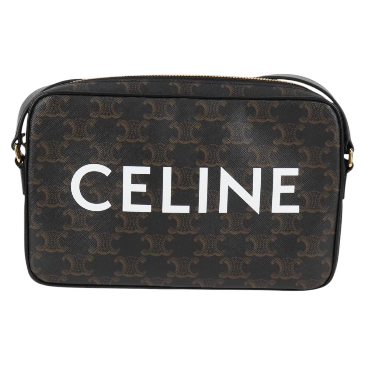 CELINE Triomphe Shoulder Bag PVC Leather Black Gold Auth nb463M