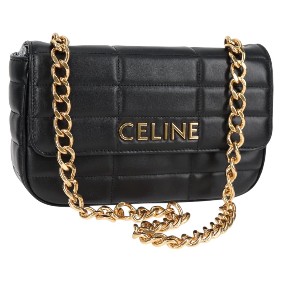 CELINE Chain Shoulder Bag Leather Black Gold Auth nb466M
