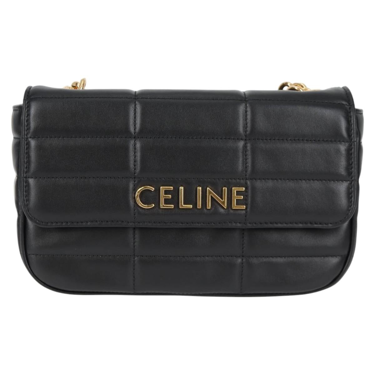 CELINE Chain Shoulder Bag Leather Black Gold Auth nb466SM