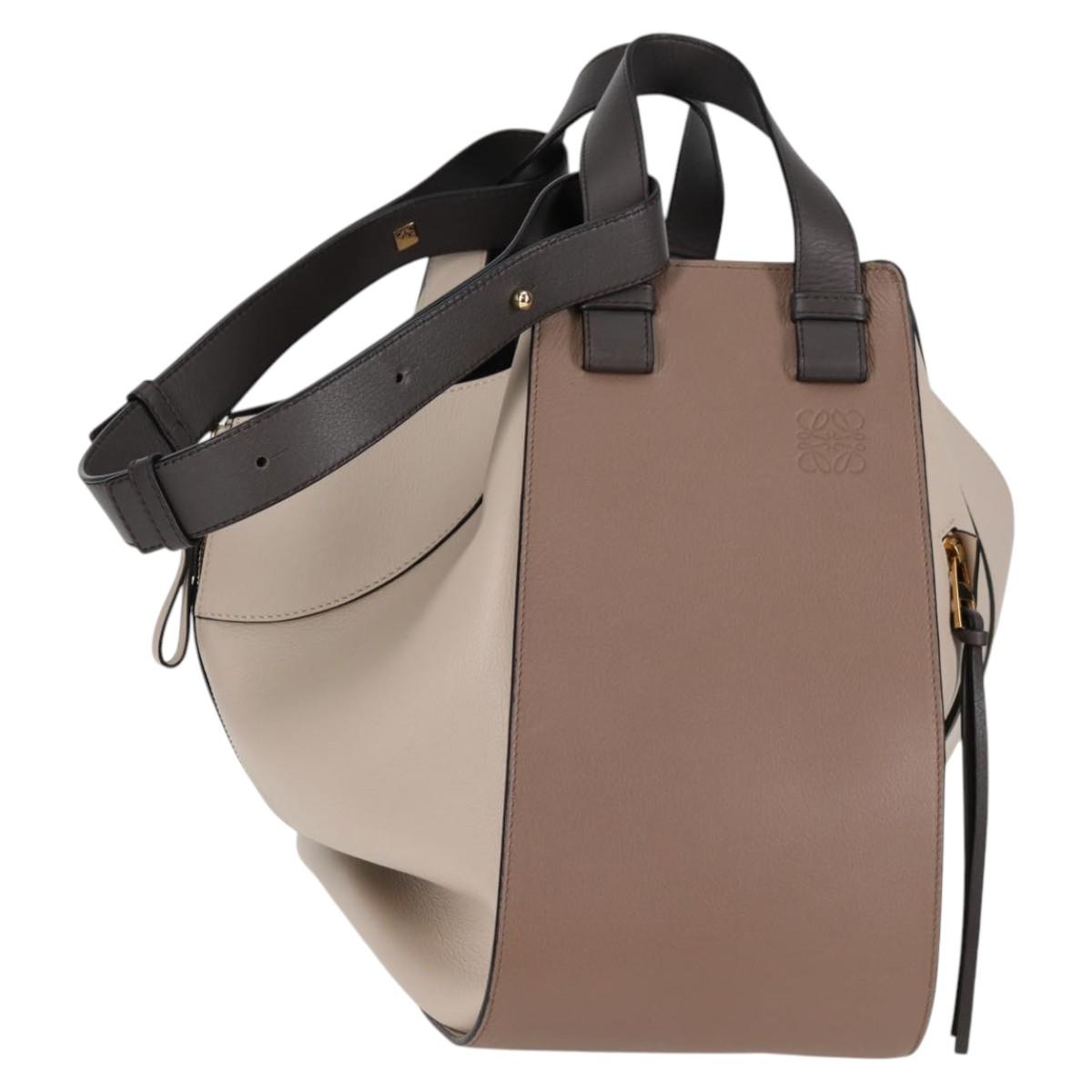 LOEWE Anagram Hammock Shoulder Bag Leather Beige Gold Auth nb477M