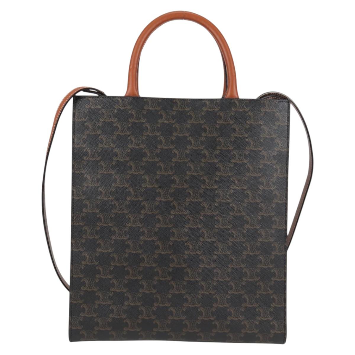 CELINE Triomphe Vertical Cabas Tote Bag PVC Leather Black Gold Auth nb490M