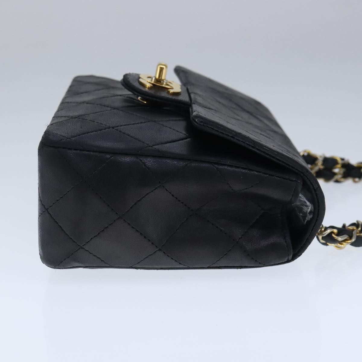 CHANEL Mini Materasse 17 Chain Hand Bag Lamb Skin Black Gold CC Auth PP027