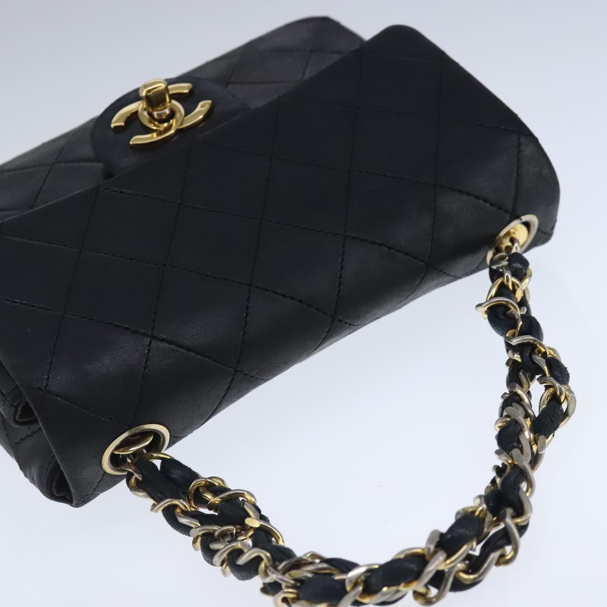 CHANEL Mini Materasse 17 Chain Hand Bag Lamb Skin Black Gold CC Auth PP027