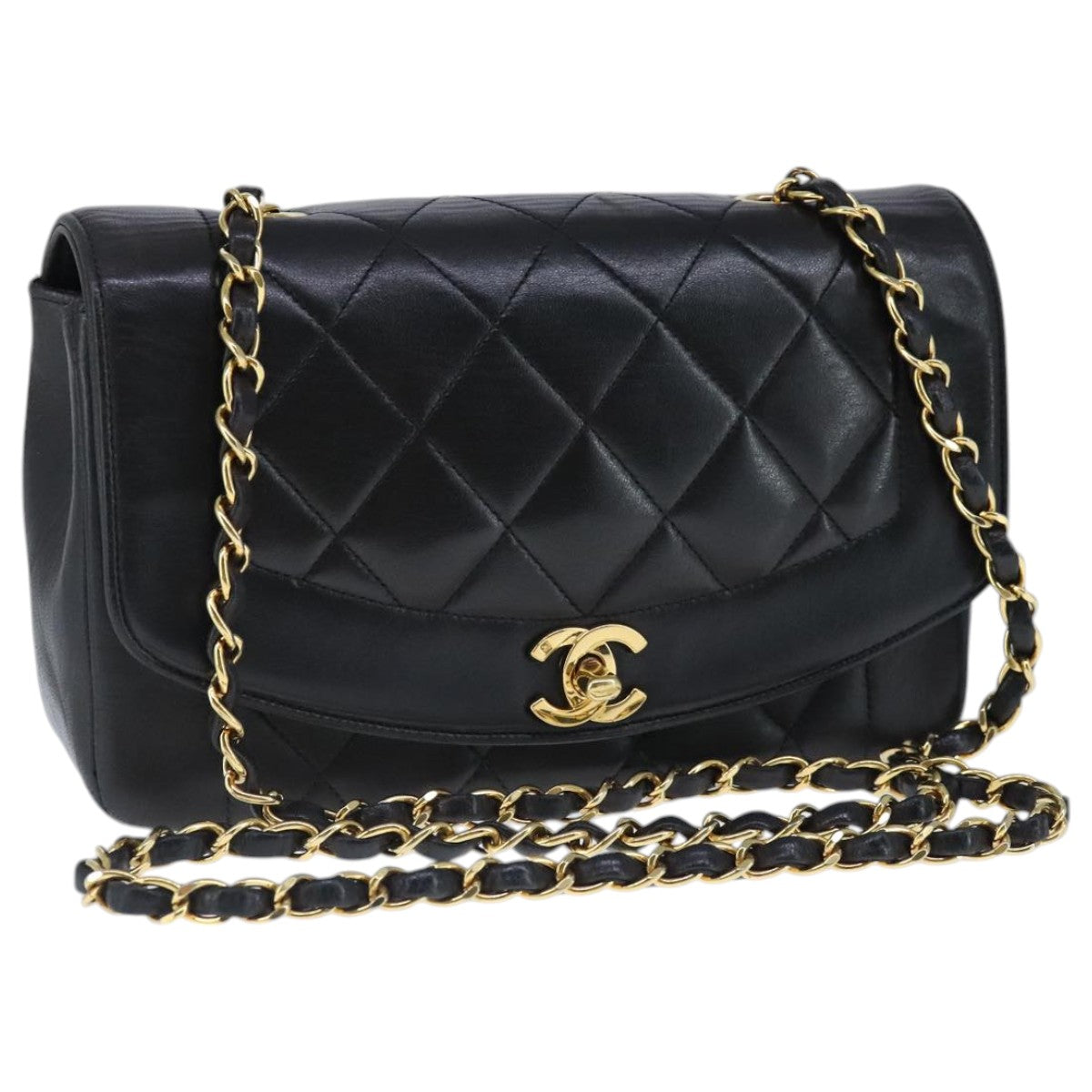 CHANEL Diana 22 Chain Shoulder Bag Lamb Skin Black Gold CC Auth PP029V