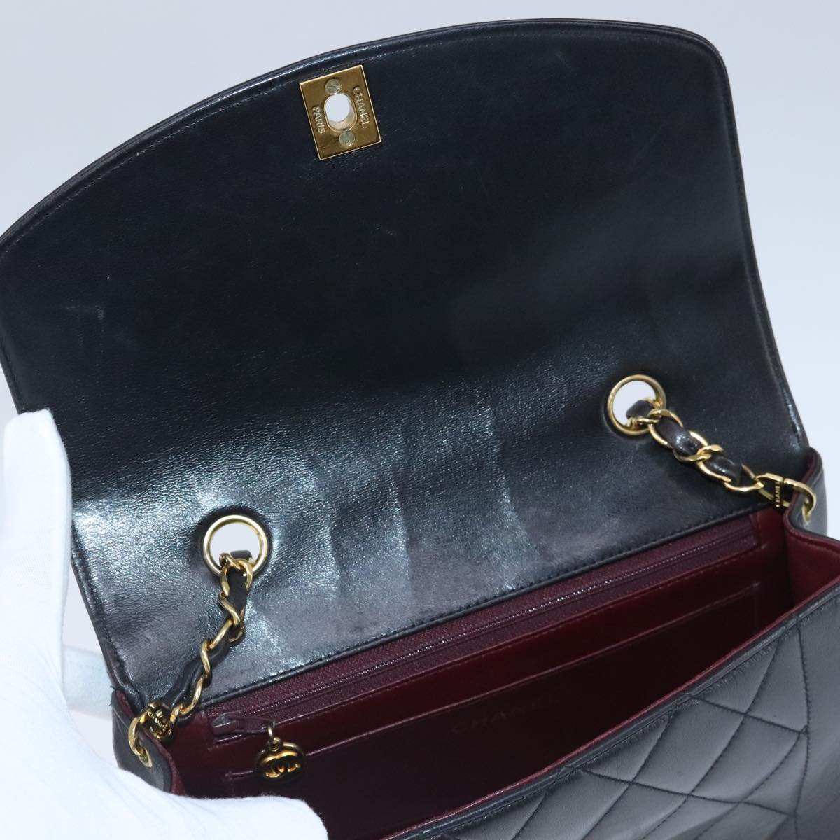 CHANEL Diana 22 Chain Shoulder Bag Lamb Skin Black Gold CC Auth PP029V