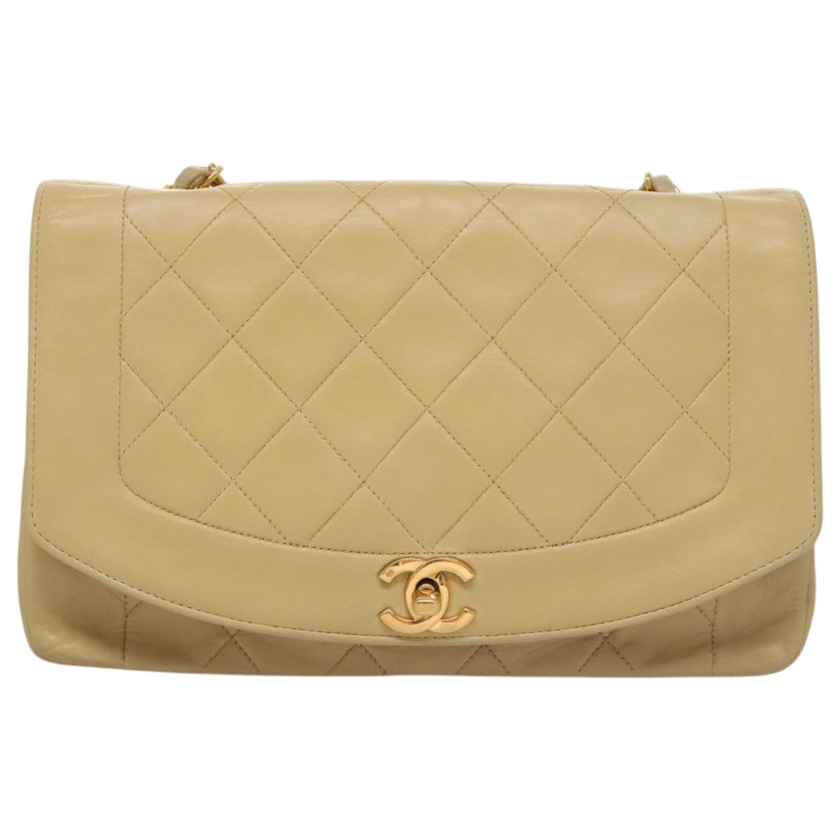 CHANEL Diana 25 Chain Shoulder Bag Lamb Skin Beige Gold CC Auth PP039