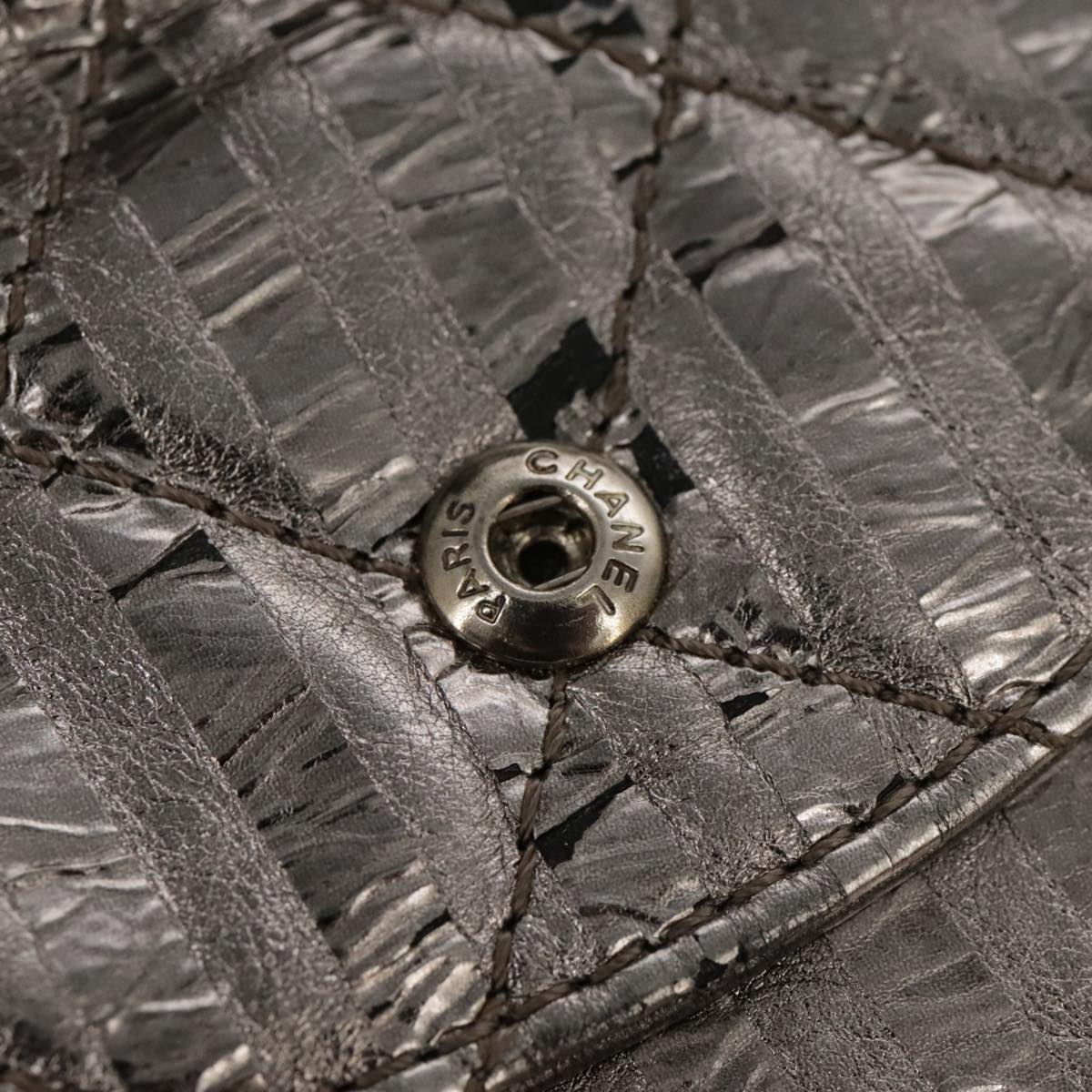 CHANEL Matelasse 25.5 Double Chain Bag Coated leather Silver tone CC Auth PP046