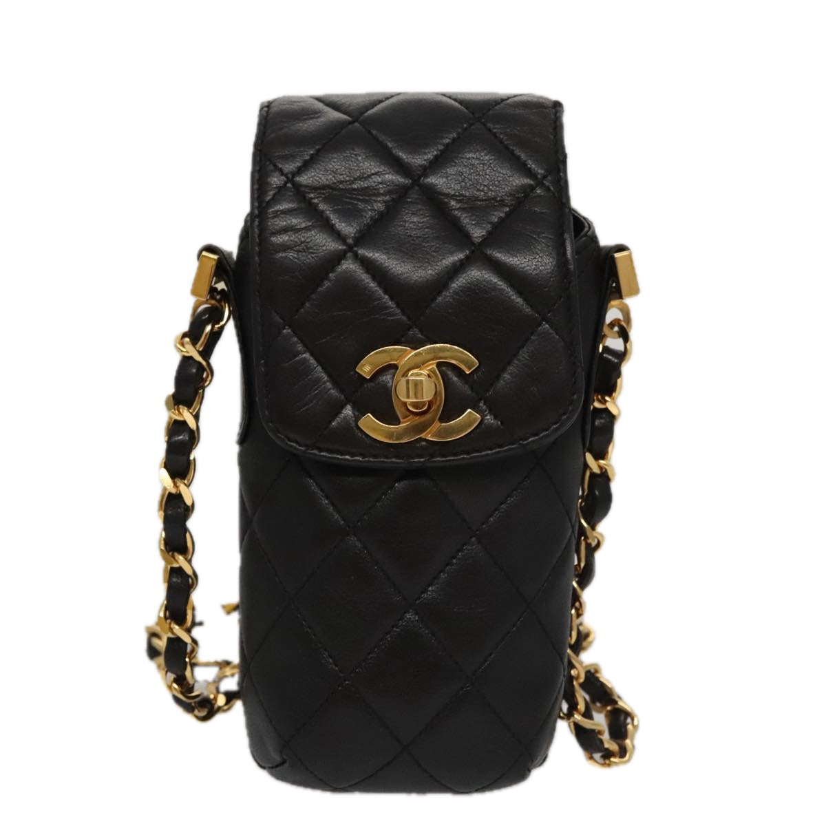 CHANEL Chain Pouch Lamb Skin Black CC Auth PP059