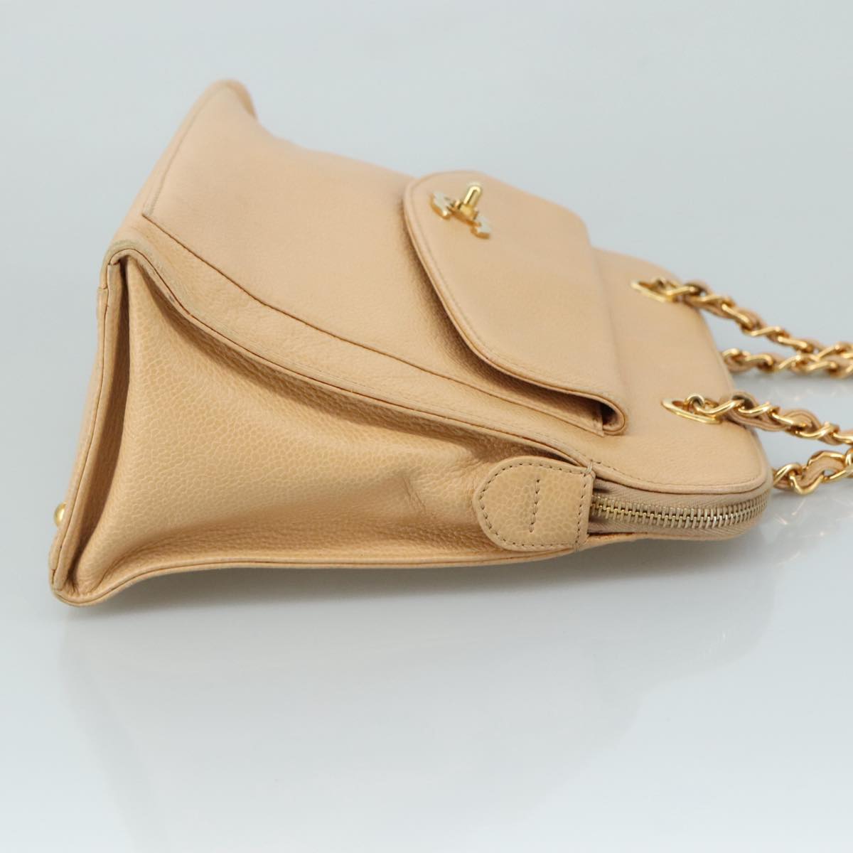 CHANEL Chain Shoulder Bag Caviar Skin Beige Gold CC Auth PP063V