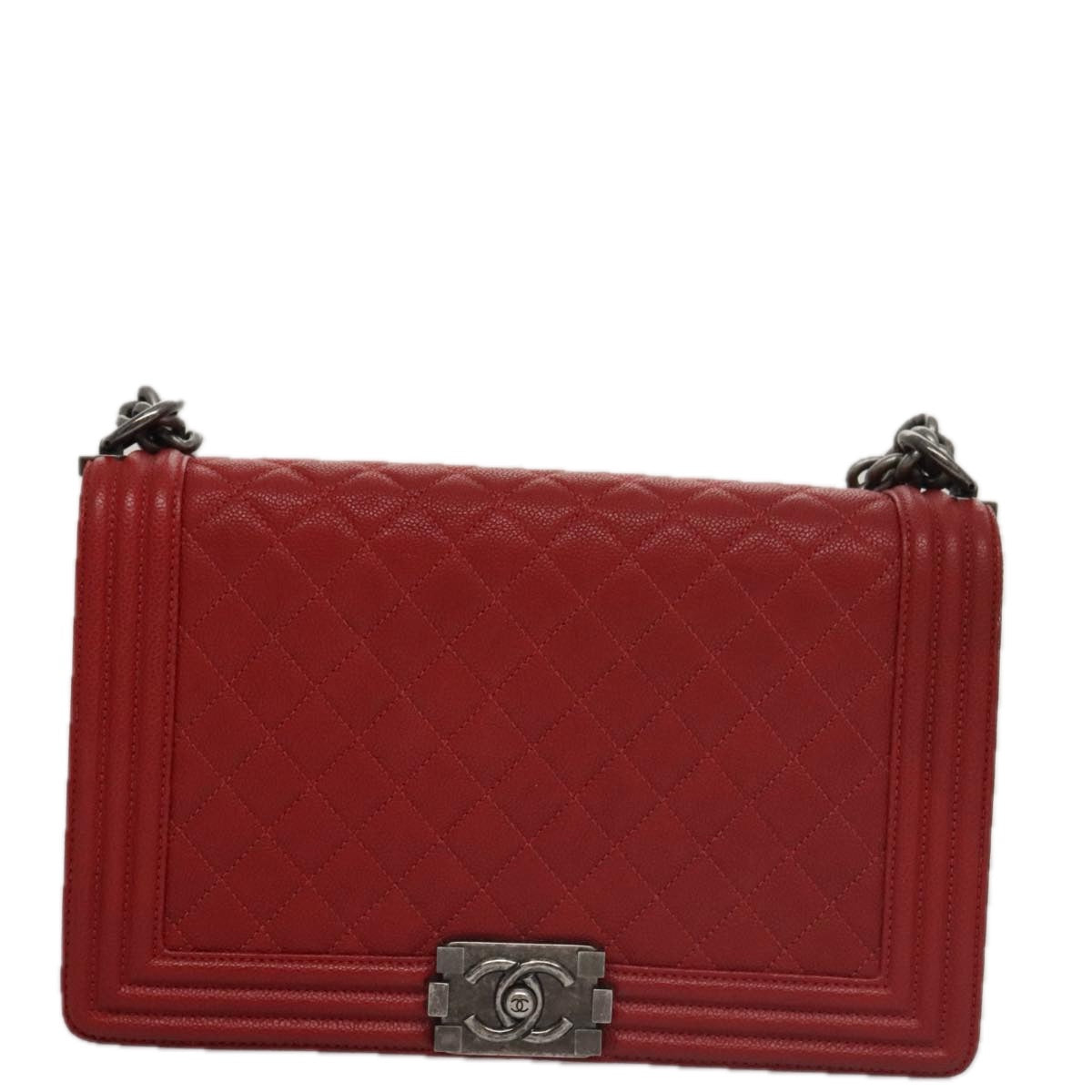 CHANEL Matelasse Chain Shoulder Bag Caviar Skin Red Gold CC Auth PP074