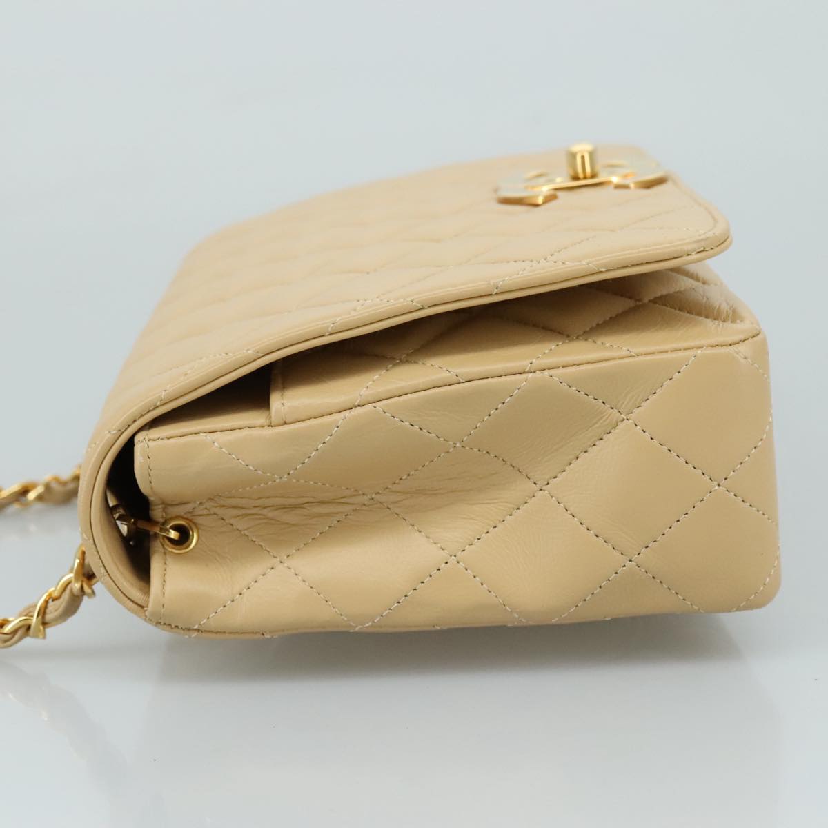 CHANEL Matelasse Chain Shoulder Bag Lamb Skin Beige Gold CC Auth PP077
