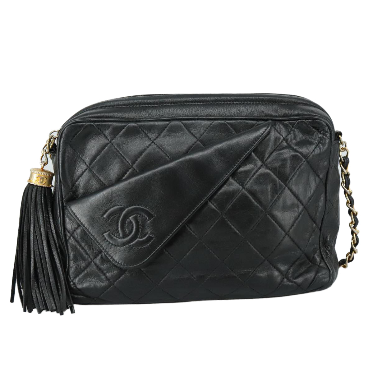 CHANEL Matelasse Chain Shoulder Bag Lamb Skin Black Gold CC Auth PP082