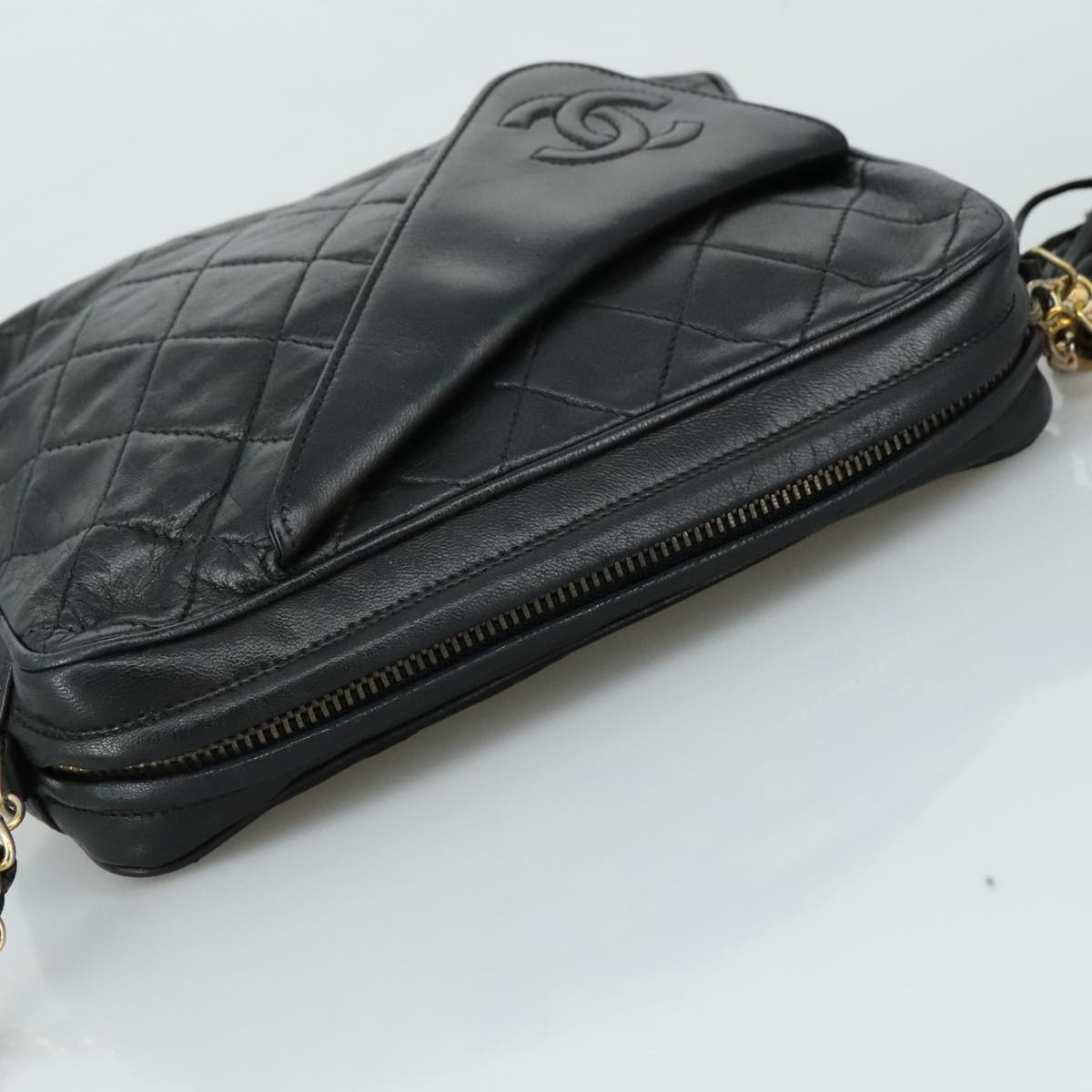 CHANEL Matelasse Chain Shoulder Bag Lamb Skin Black Gold CC Auth PP082