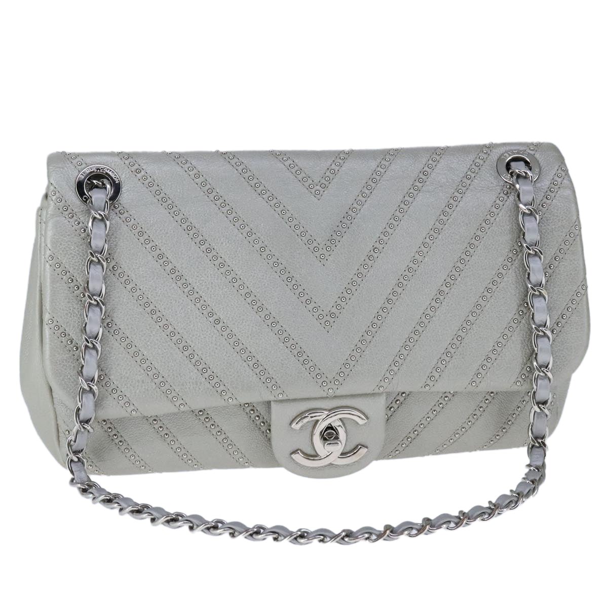 CHANEL Chain Shoulder Bag Leather Gray CC Auth PP141
