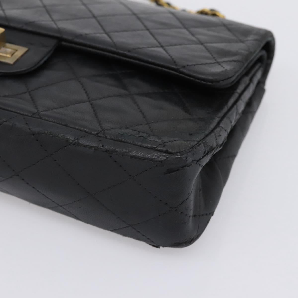 CHANEL Matelasse 25.5 Double Flap Chain Bag Lamb Skin Black Gold CC Auth PP249