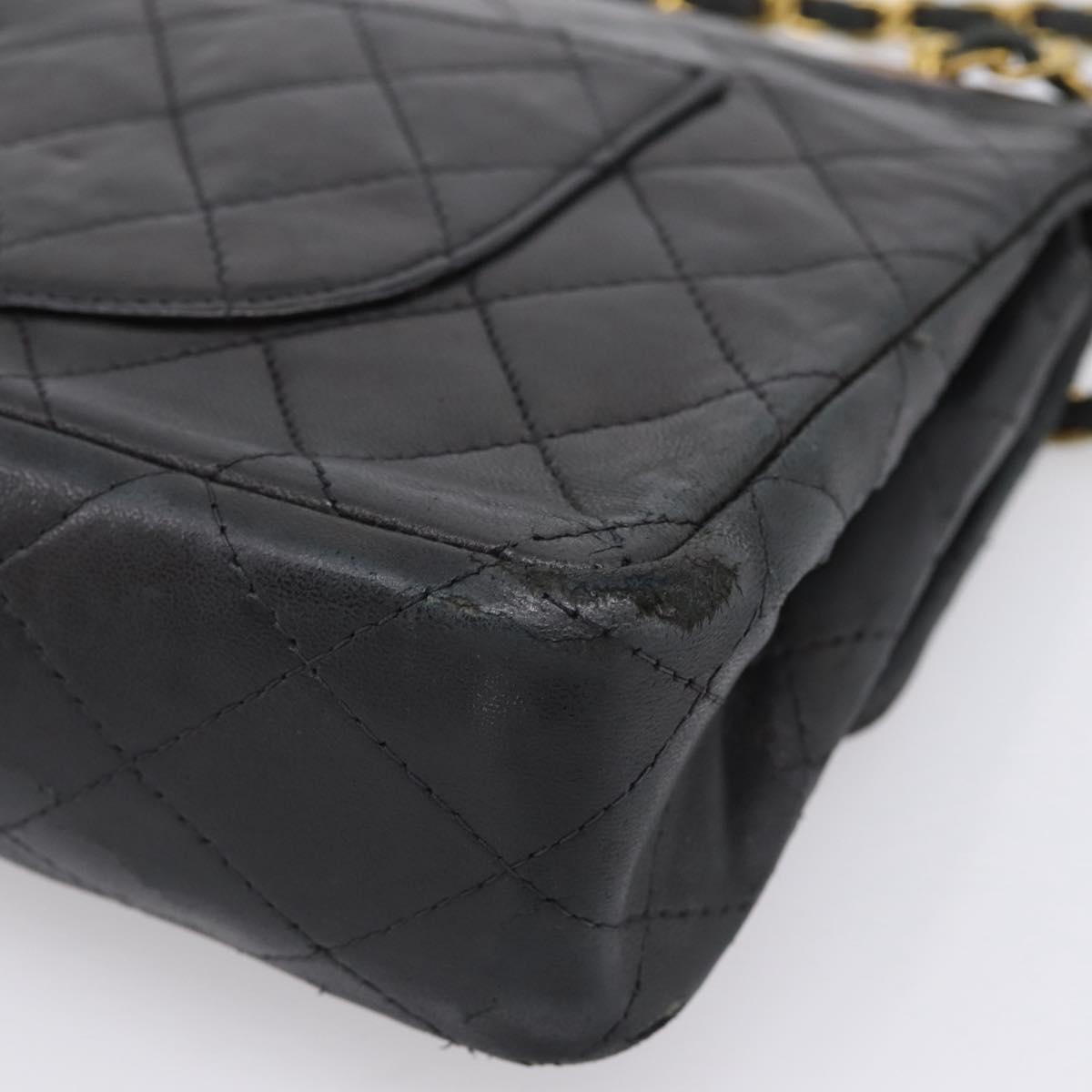 CHANEL Matelasse 25.5 Double Flap Chain Bag Lamb Skin Black Gold CC Auth PP249