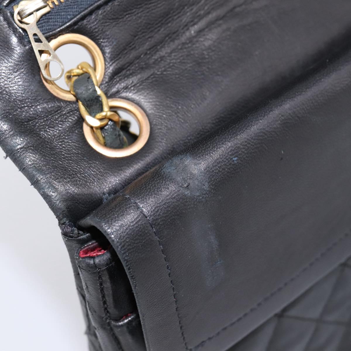 CHANEL Matelasse 25.5 Double Flap Chain Bag Lamb Skin Black Gold CC Auth PP249