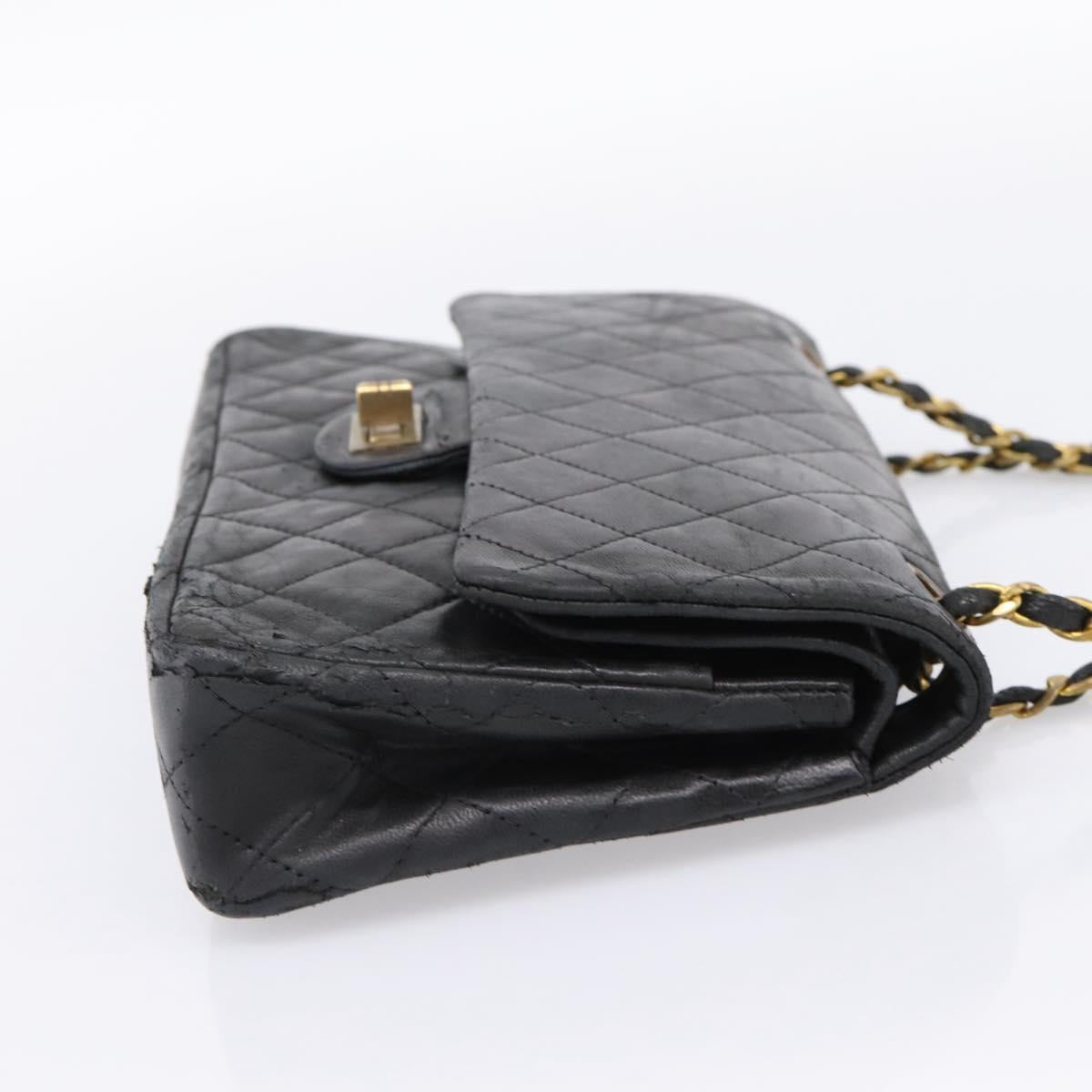 CHANEL Matelasse 25.5 Double Flap Chain Bag Lamb Skin Black Gold CC Auth PP249