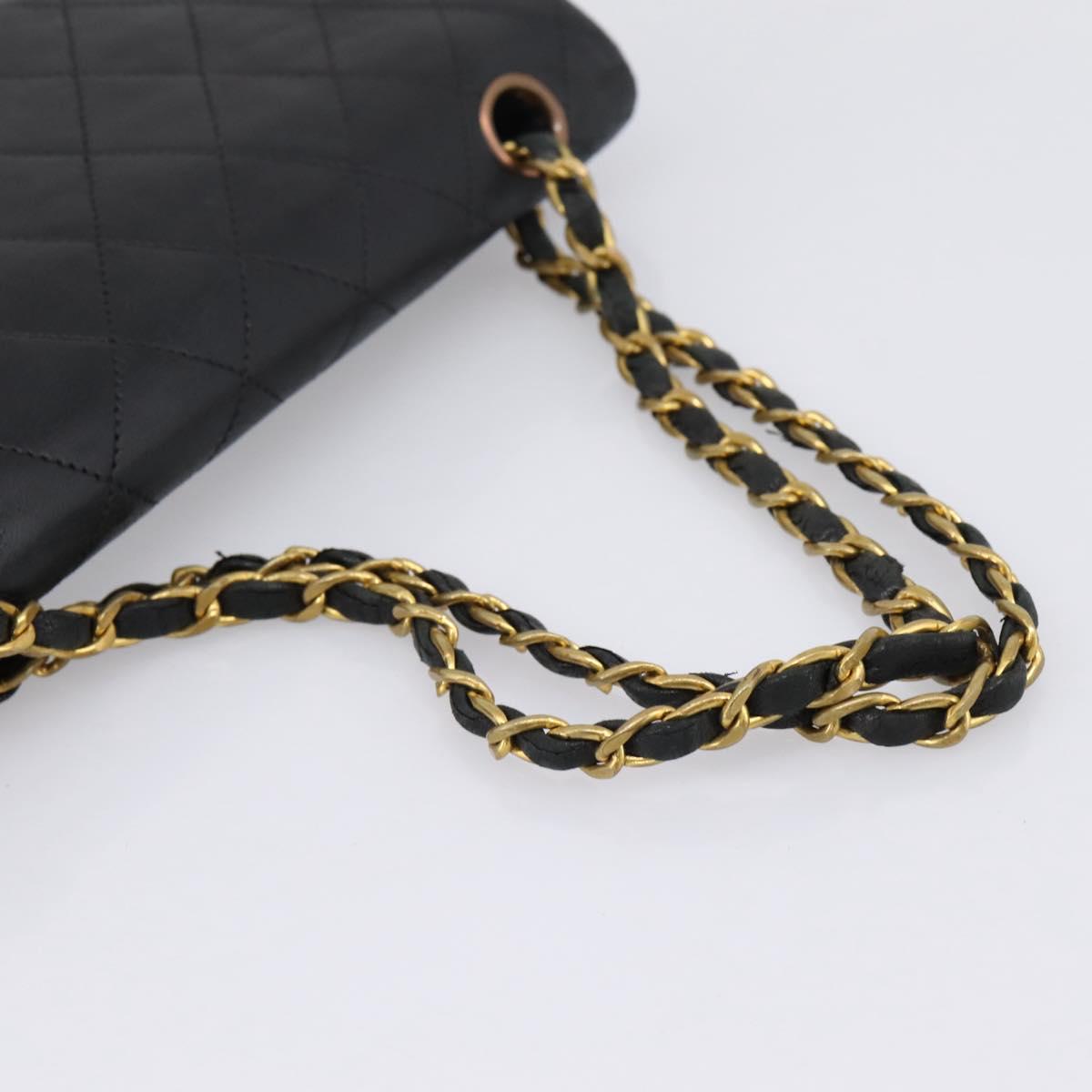CHANEL Matelasse 25.5 Double Flap Chain Bag Lamb Skin Black Gold CC Auth PP249