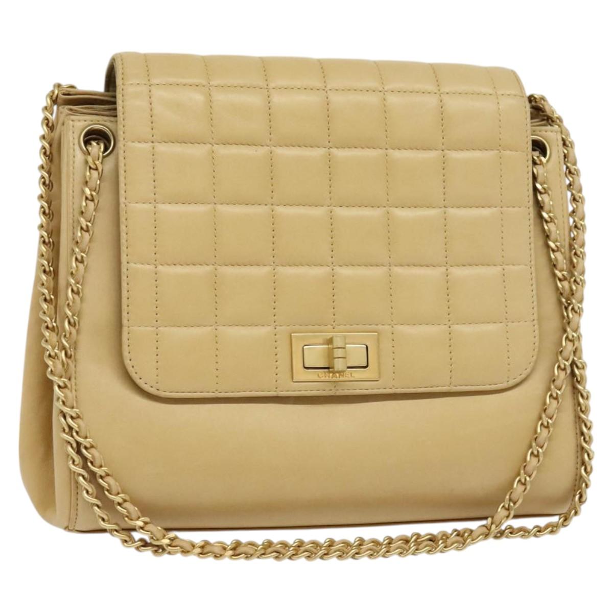 CHANEL Choco Bar Chain Shoulder Bag Leather Beige Gold CC Auth PP645