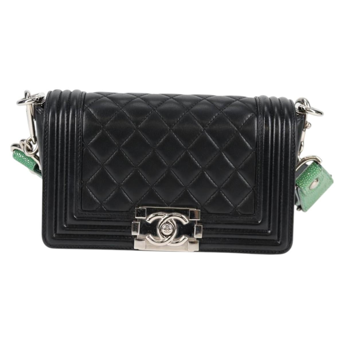 CHANEL Chain Boy Chanel Shoulder Bag Lamb Skin Black Silver CC Auth PP648M