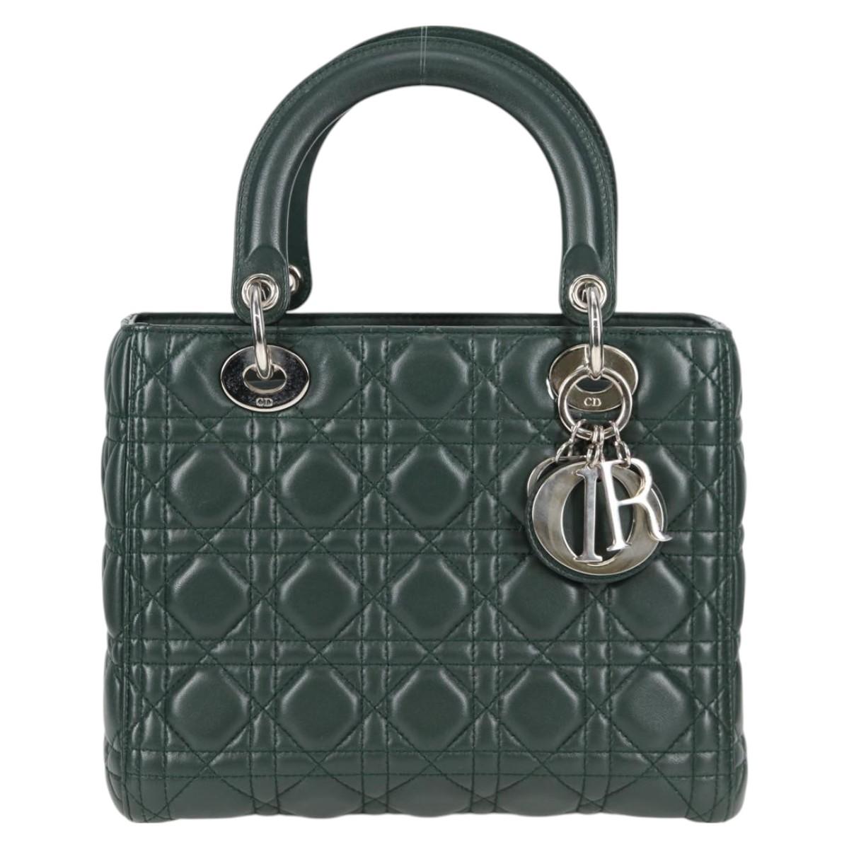 Christian Dior Canage Lady Dior Hand Bag Lamb Skin 2way Green Gold Auth PP653M