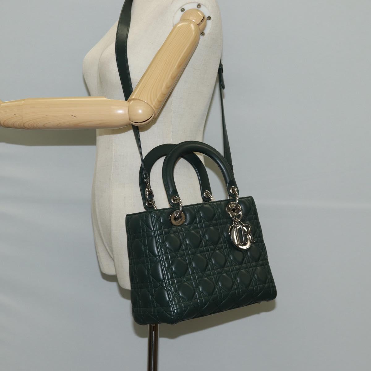 Christian Dior Canage Lady Dior Hand Bag Lamb Skin 2way Green Gold Auth PP653M