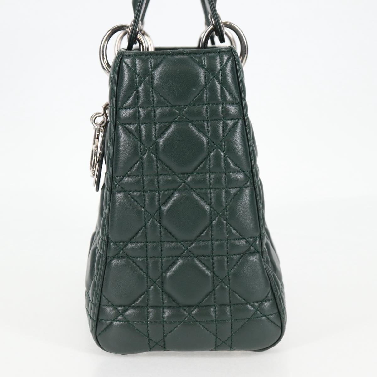 Christian Dior Canage Lady Dior Hand Bag Lamb Skin 2way Green Gold Auth PP653M