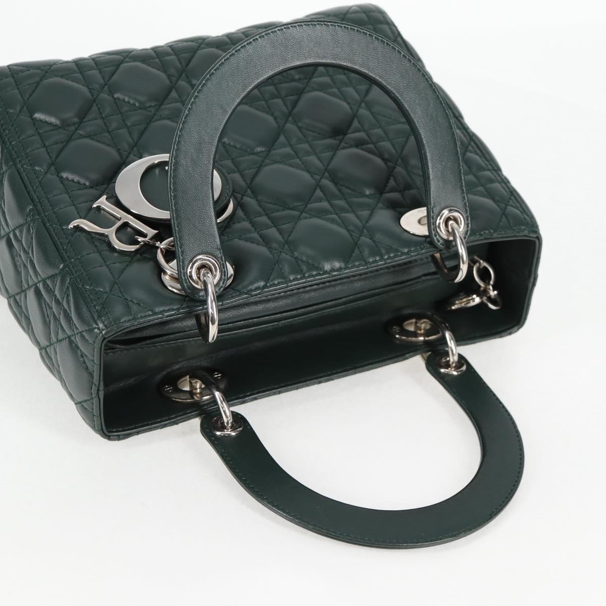 Christian Dior Canage Lady Dior Hand Bag Lamb Skin 2way Green Gold Auth PP653M