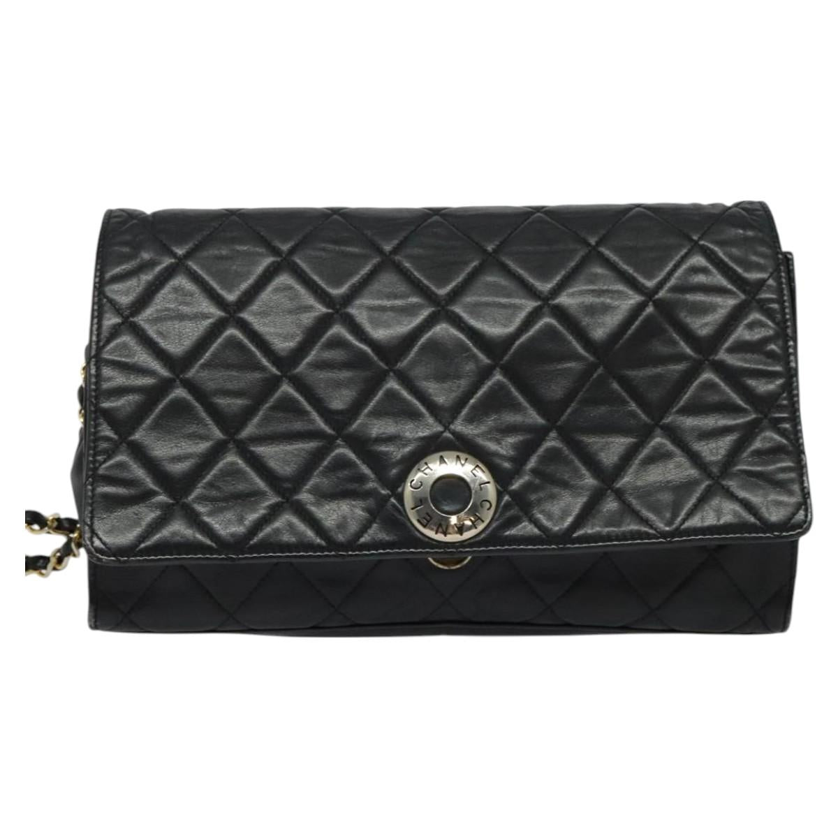 CHANEL Matelasse Chain Shoulder Bag Lamb Skin Black Gold CC Auth PP673