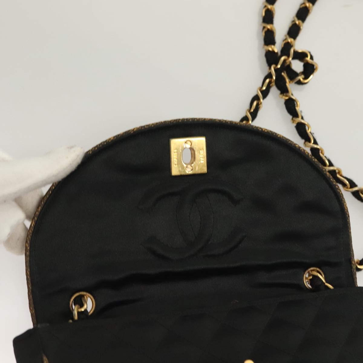 CHANEL Matelasse Chain Shoulder Bag Satin Black Gold CC Auth PP692