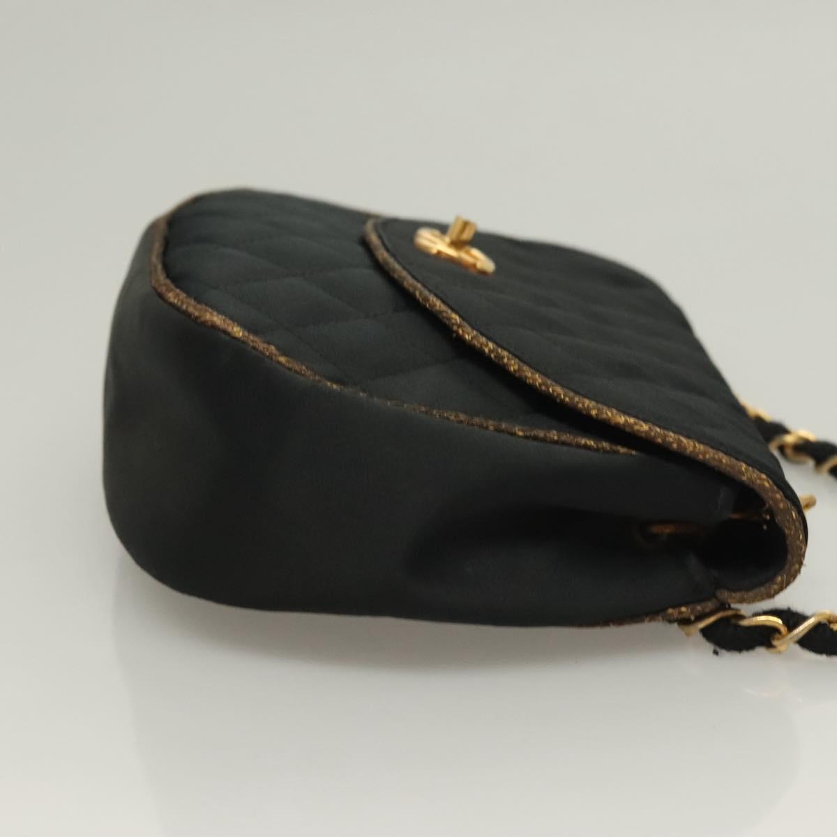 CHANEL Matelasse Chain Shoulder Bag Satin Black Gold CC Auth PP692