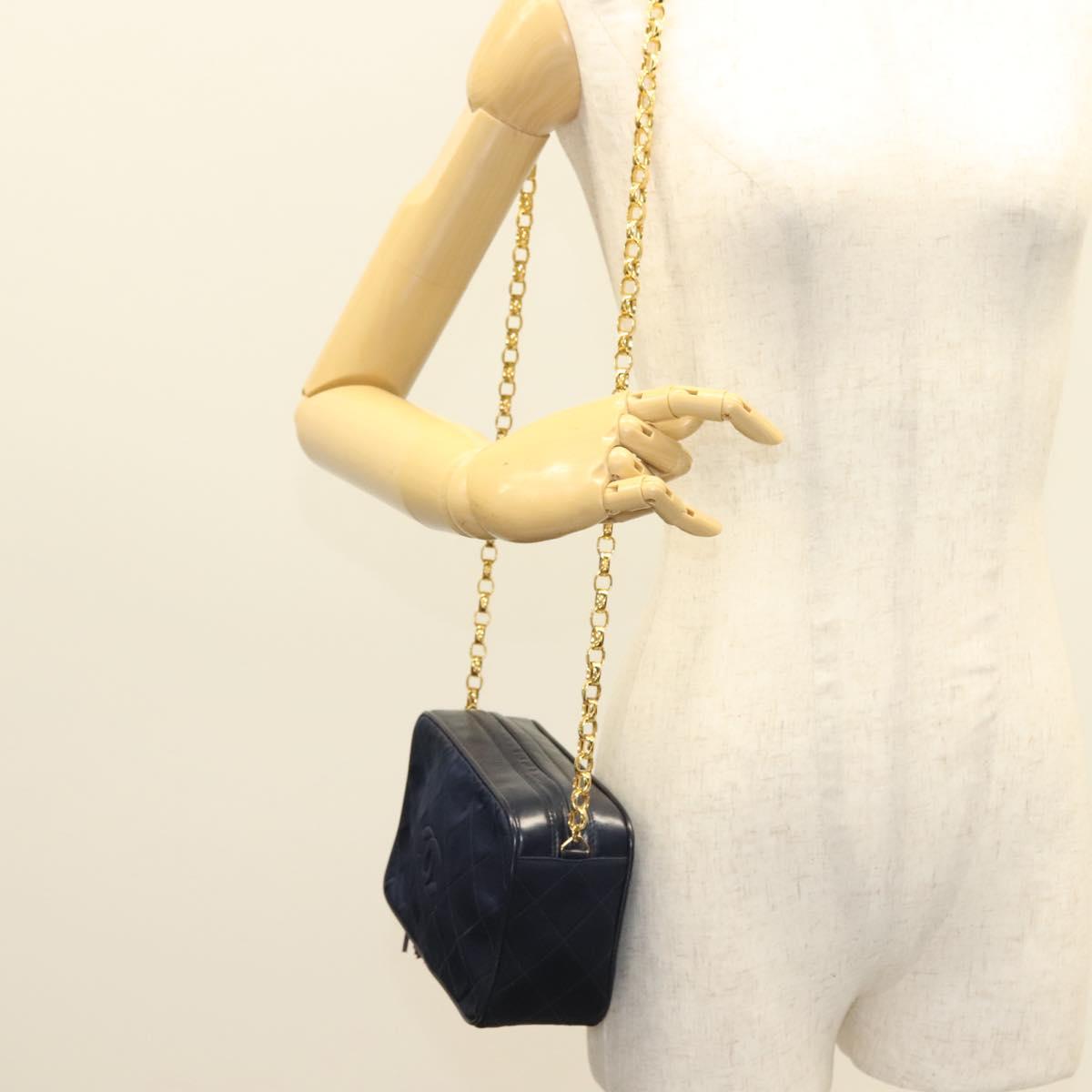CHANEL Matelasse Chain Shoulder Bag Satin Navy Gold CC Auth PP694