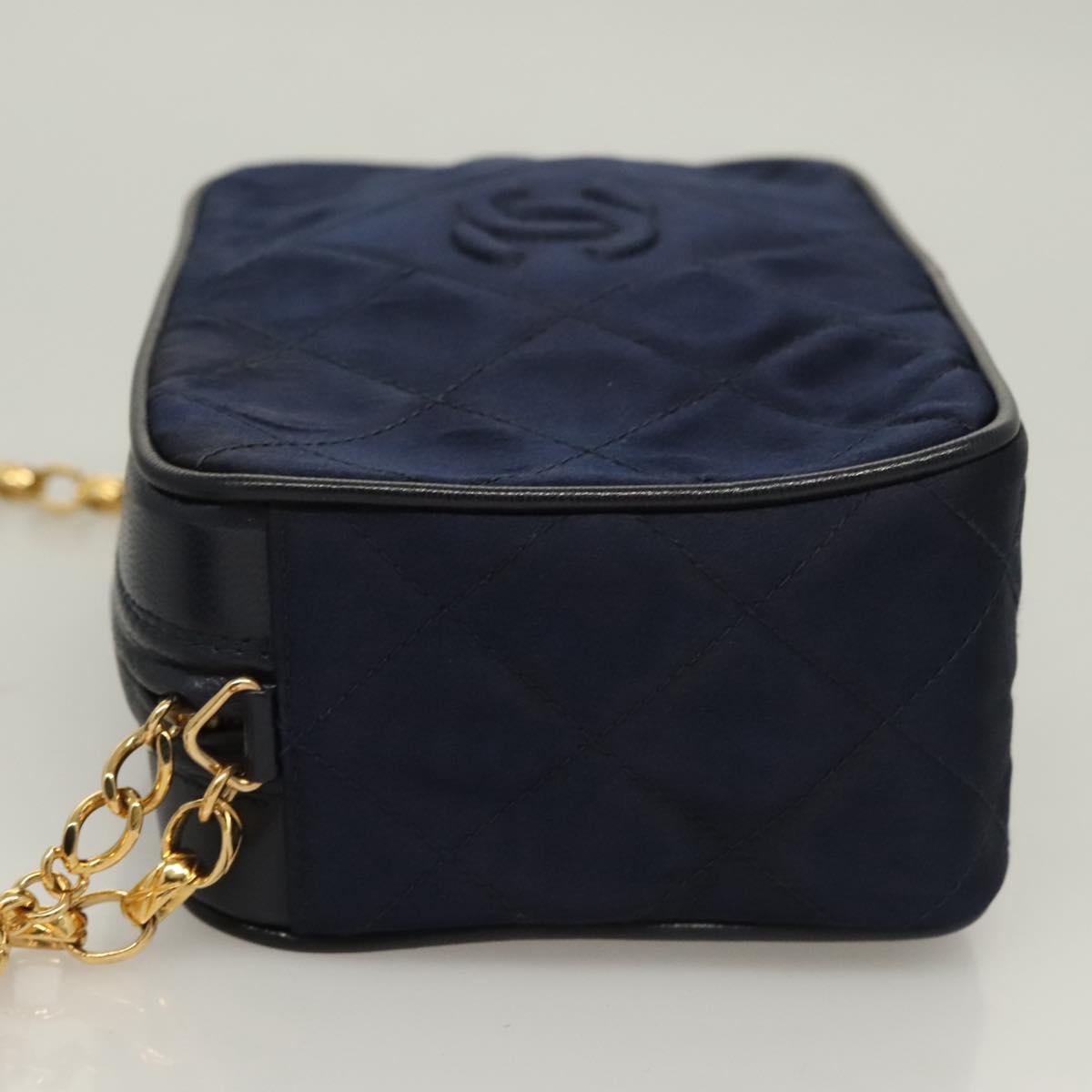 CHANEL Matelasse Chain Shoulder Bag Satin Navy Gold CC Auth PP694