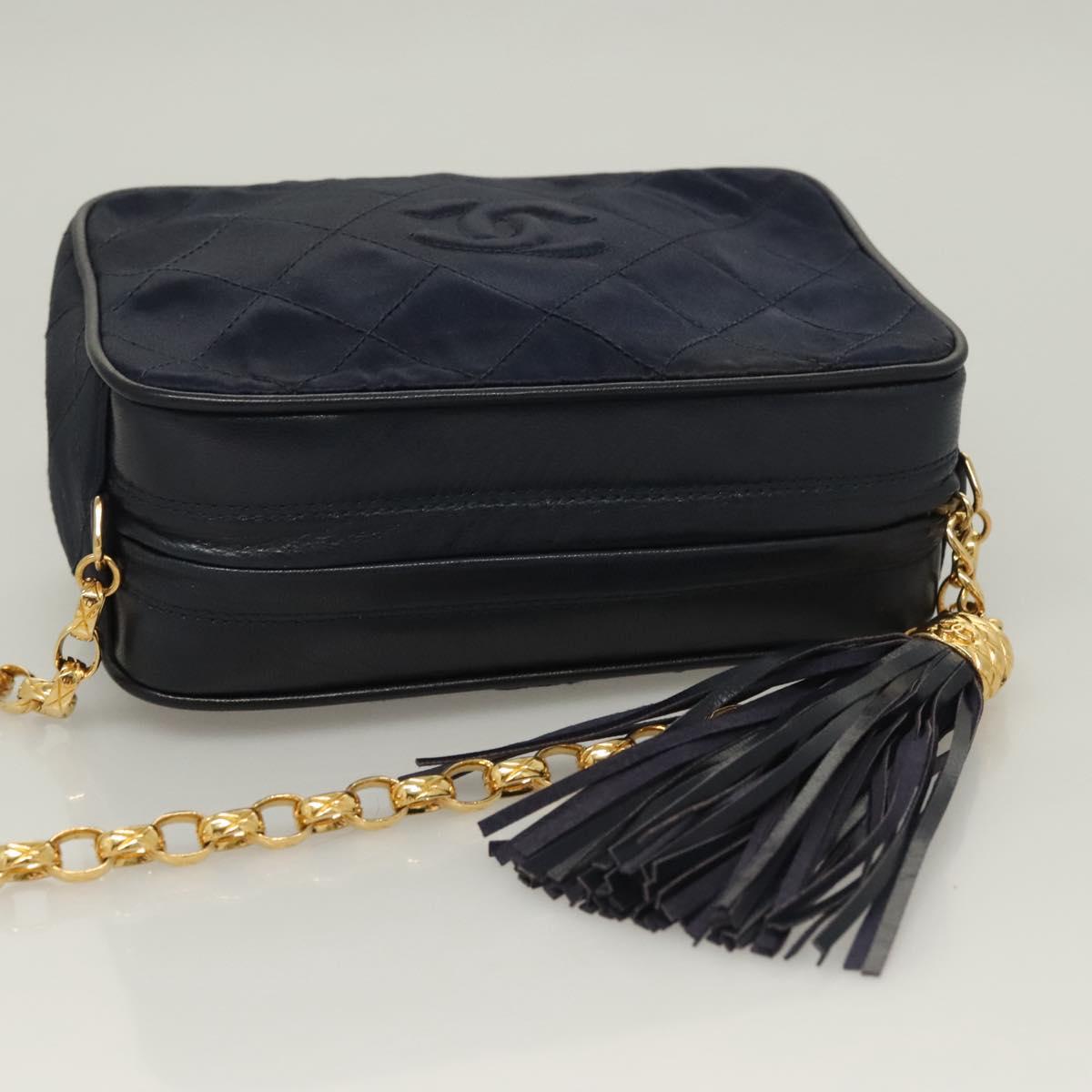 CHANEL Matelasse Chain Shoulder Bag Satin Navy Gold CC Auth PP694