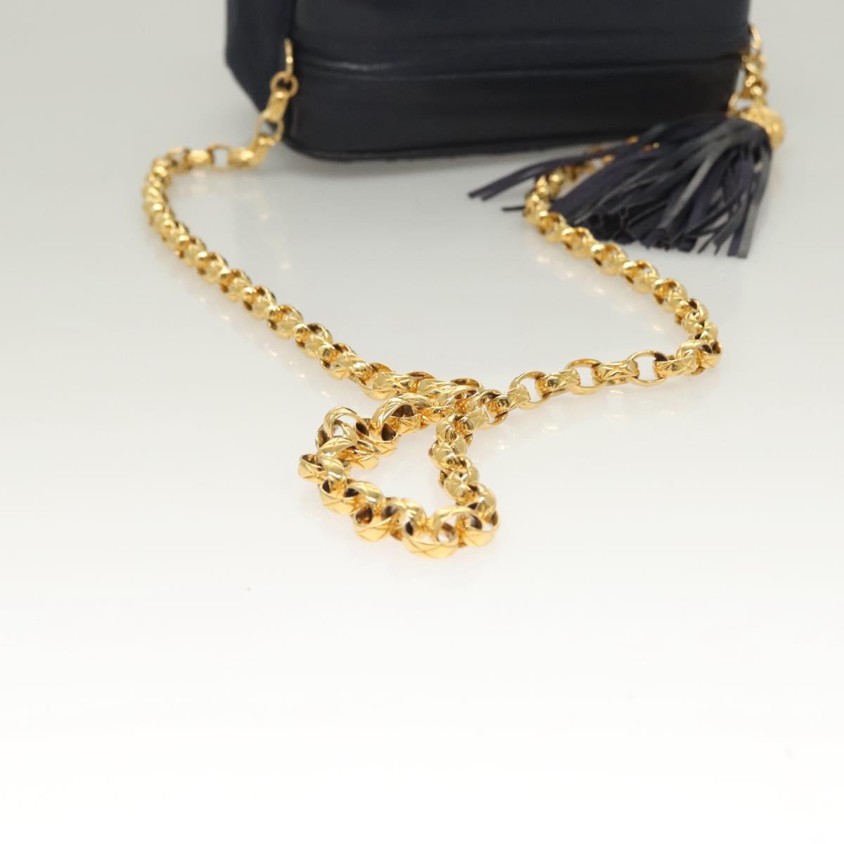 CHANEL Matelasse Chain Shoulder Bag Satin Navy Gold CC Auth PP694