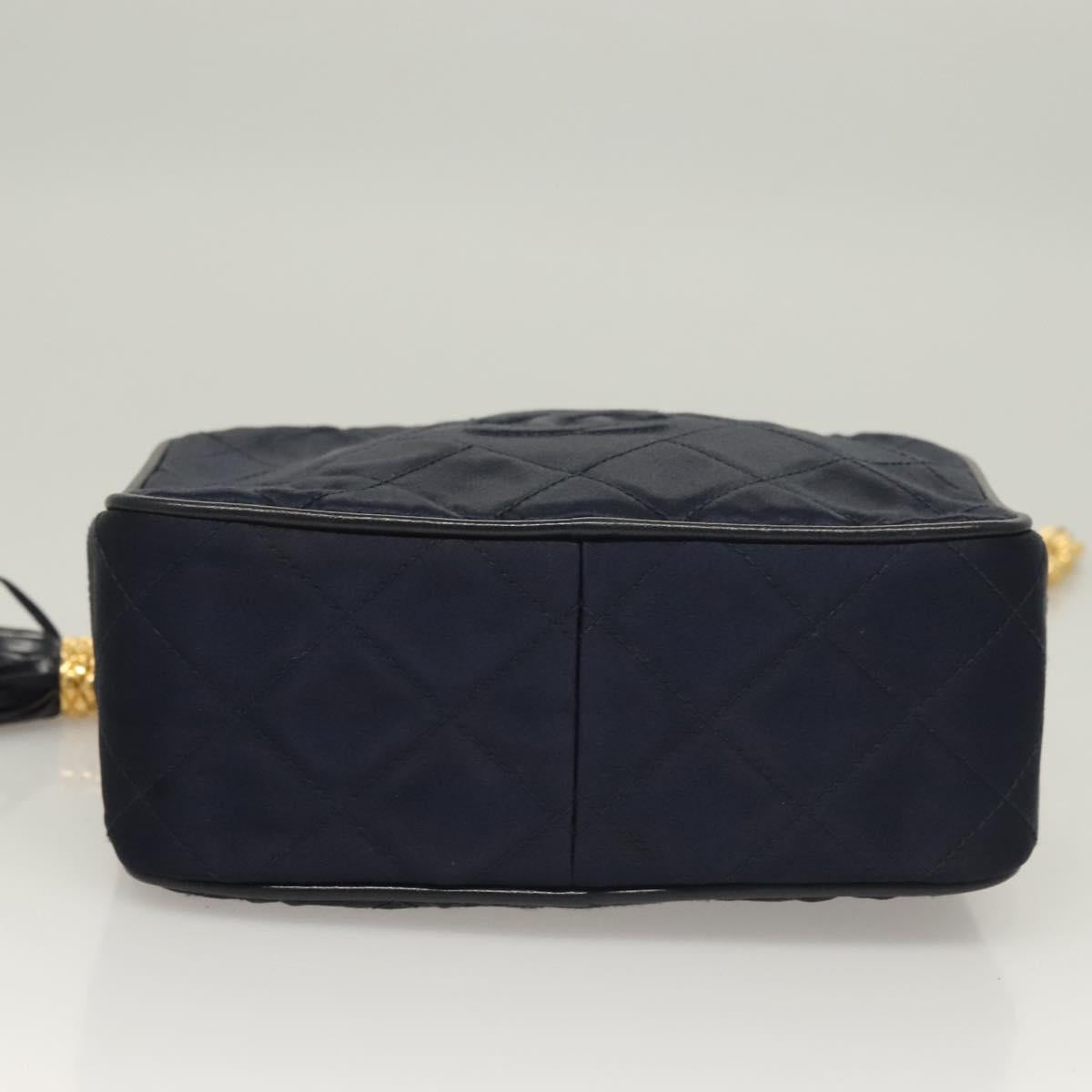 CHANEL Matelasse Chain Shoulder Bag Satin Navy Gold CC Auth PP694