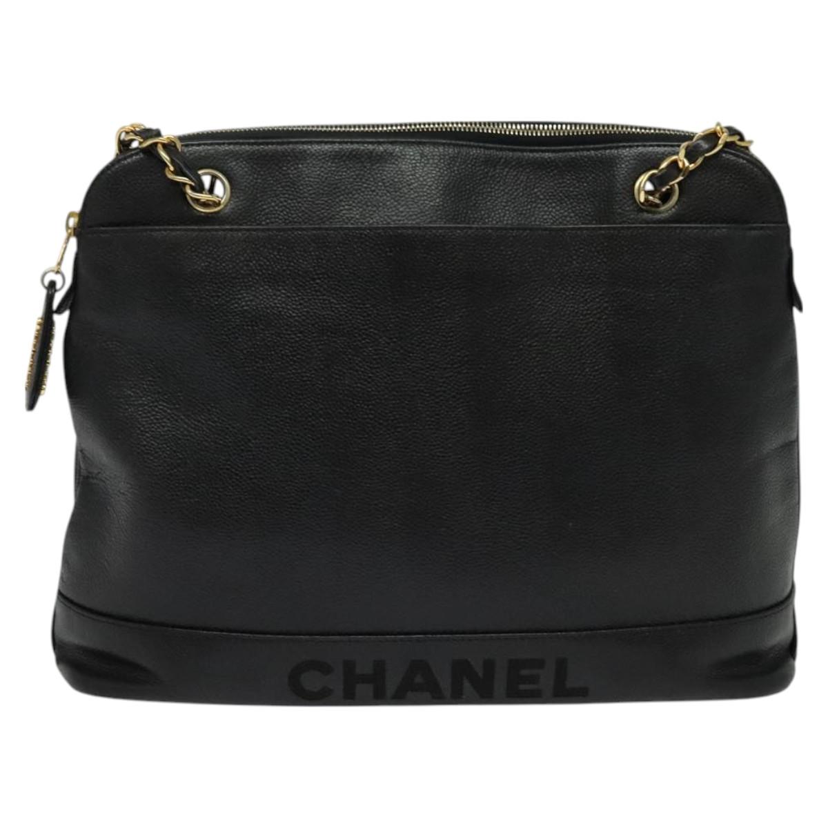CHANEL Chain Shoulder Bag Caviar Skin Black Gold CC Auth PP699
