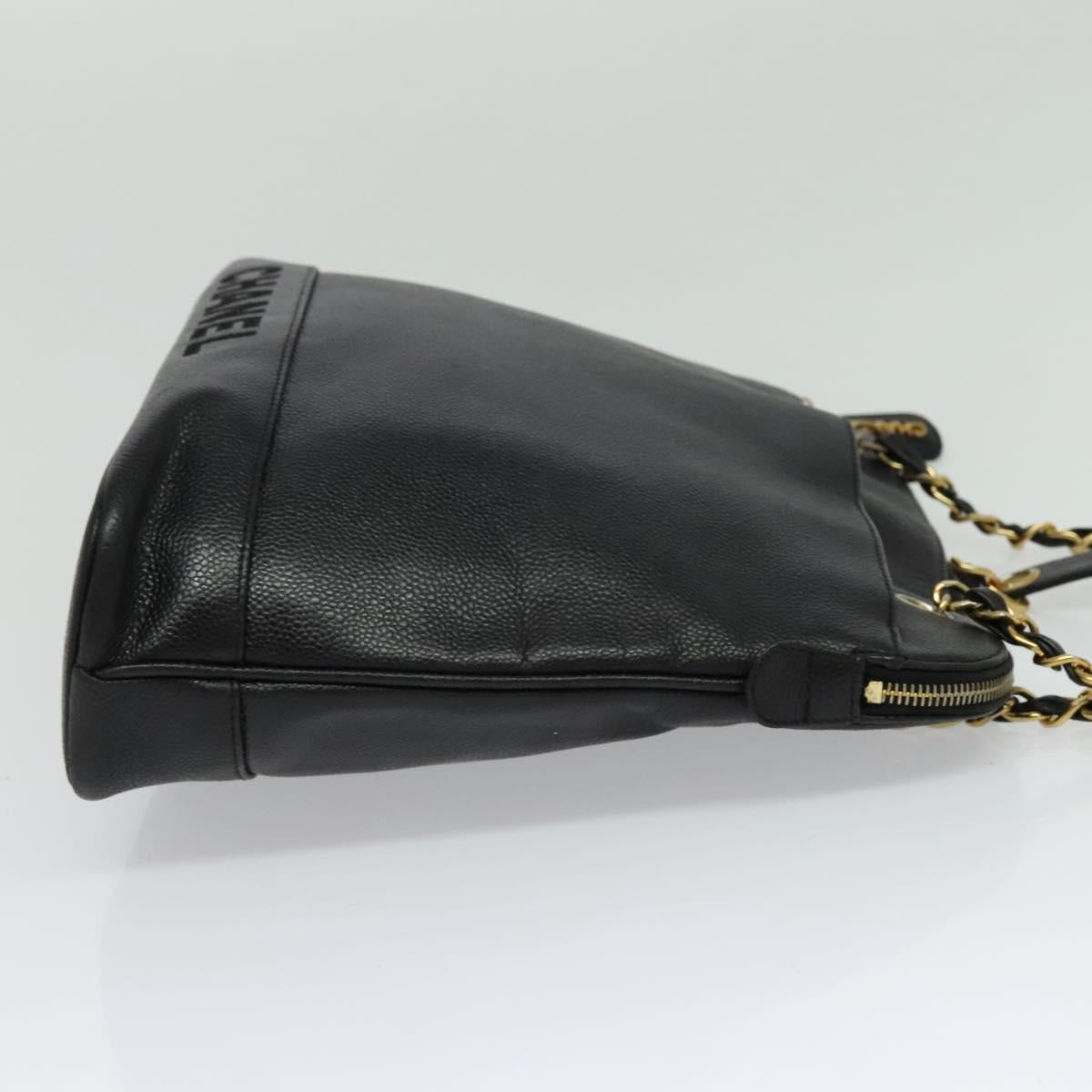 CHANEL Chain Shoulder Bag Caviar Skin Black Gold CC Auth PP699