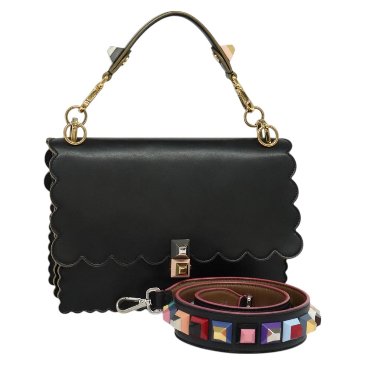 FENDI Canai Hand Bag Leather 2way Black Gold Auth PP727