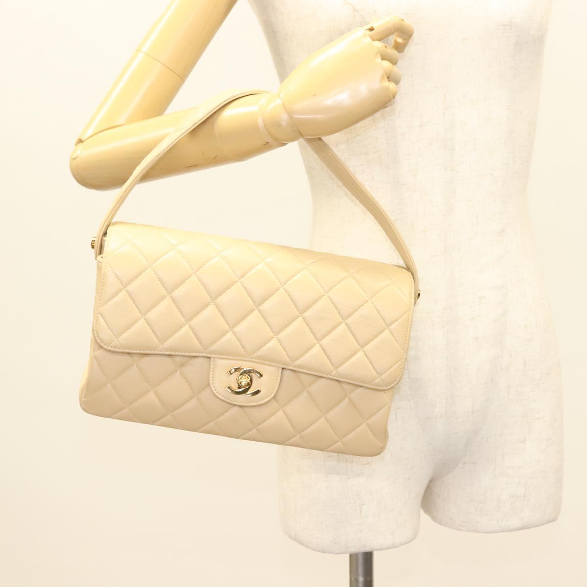 CHANEL Matelasse 25 Double Face Single Flap Bag Lamb Skin Beige Gold Auth PP800V