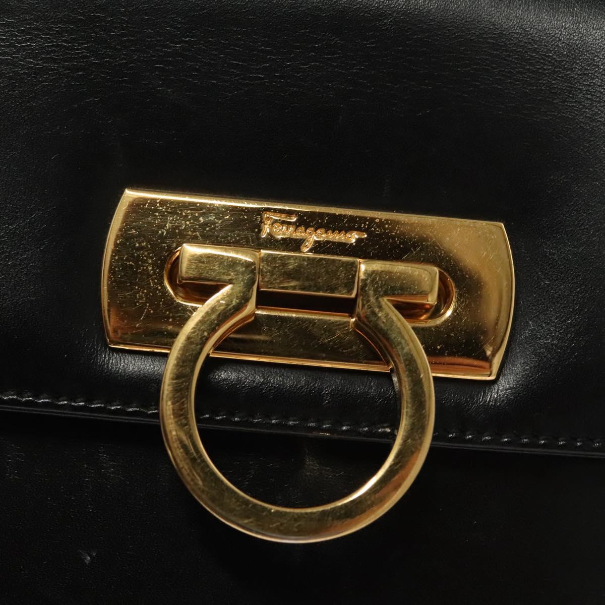Salvatore Ferragamo Gancini Hand Bag Leather Black Gold Auth PP828