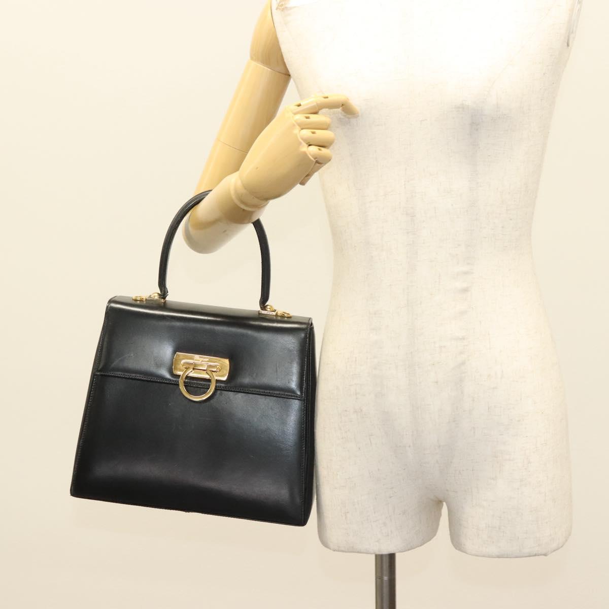 Salvatore Ferragamo Gancini Hand Bag Leather Black Gold Auth PP828