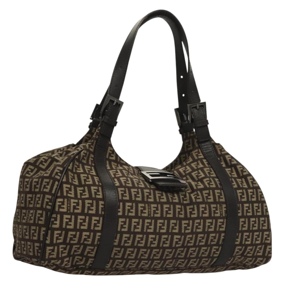 FENDI Zucchino Canvas Mamma Shoulder Bag Silver Brown Auth PP885