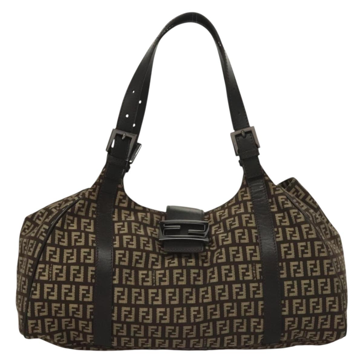 FENDI Zucchino Canvas Mamma Shoulder Bag Silver Brown Auth PP885