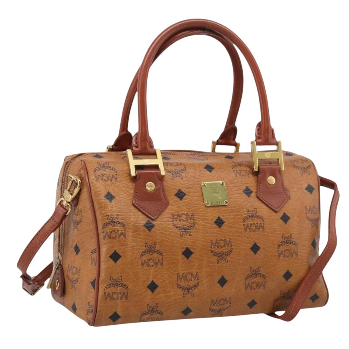MCM Logogram Vicetos Mini Boston Bag PVC Leather 2way Brown Gold Auth RV028A